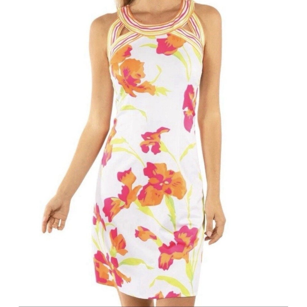 Gretchen Scott Jersey Isosceles Iconic Iris Size Medium Dress Neon Pink Floral